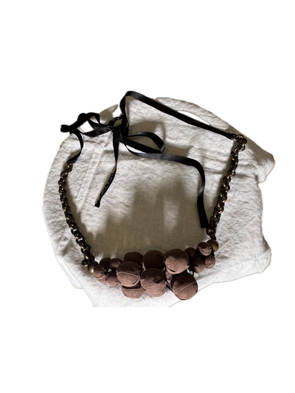 Marni Ribbon Tie Fabric Covered Beads with Chain Costume Jewelry Necklace